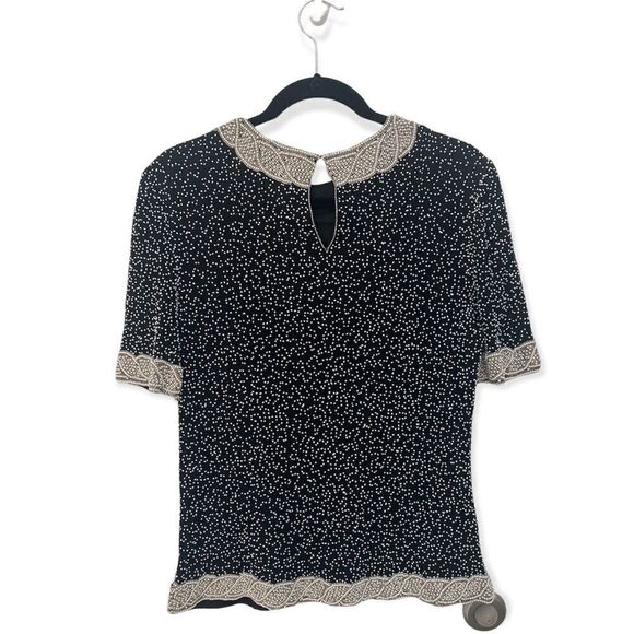 Camille Marie Vintage 100% Silk Beaded Blouse Short Sleeve Black Cream Size M - Picture 3 of 4
